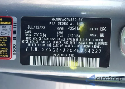 2024 Kia K5 Ex из США, поврежденный, VIN 5XXG34J20RG234227